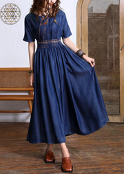 Fashion Navy O-Neck Bow Tie Waist Silk Cotton Denim Maxi Dresses Short Sleeve