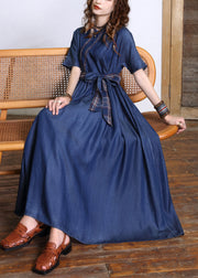 Fashion Navy O-Neck Bow Tie Waist Silk Cotton Denim Maxi Dresses Short Sleeve