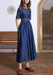 Fashion Navy O-Neck Bow Tie Waist Silk Cotton Denim Maxi Dresses Short Sleeve