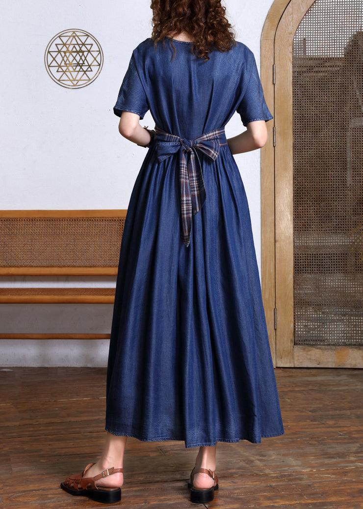 Fashion Navy O-Neck Bow Tie Waist Silk Cotton Denim Maxi Dresses Short Sleeve