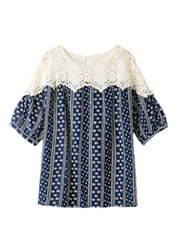 Fashion Navy O-Neck Print Lace Patchwork Shirt Summer