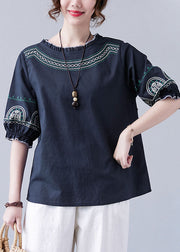 Fashion Navy Original Design Ruffled Embroideried Cotton Top Lantern Sleeve