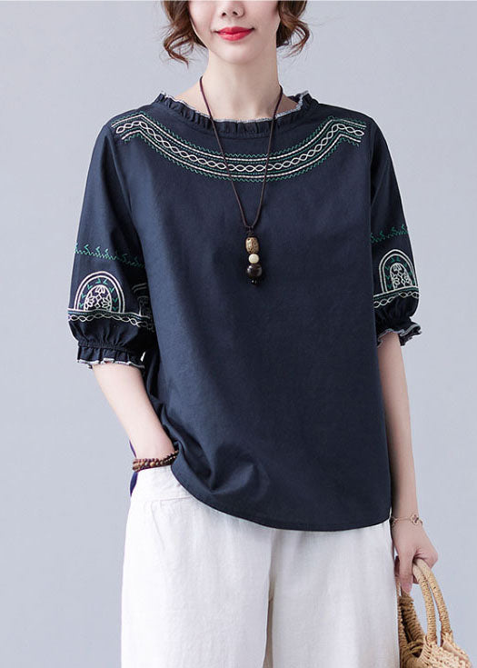 Fashion Navy Original Design Ruffled Embroideried Cotton Top Lantern Sleeve