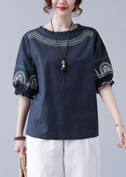 Fashion Navy Original Design Ruffled Embroideried Cotton Top Lantern Sleeve