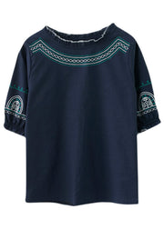 Fashion Navy Original Design Ruffled Embroideried Cotton Top Lantern Sleeve