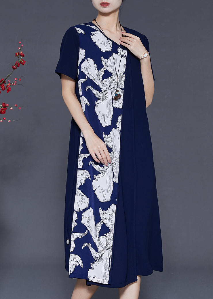 Fashion Navy Oversized Patchwork Chiffon Dress Summer