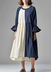 Fashion Navy Oversized Patchwork Cotton Pleated Dress Flare Sleeve