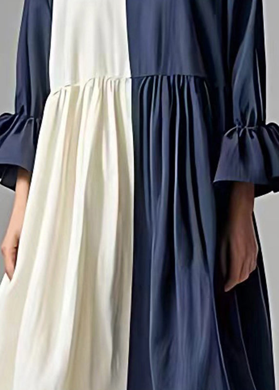 Fashion Navy Oversized Patchwork Cotton Pleated Dress Flare Sleeve
