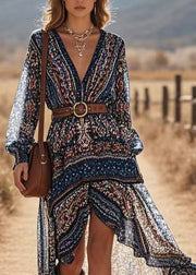 Fashion Navy Print Low High Design Vacation Long Dresses Lantern Sleeve