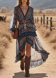 Fashion Navy Print Low High Design Vacation Long Dresses Lantern Sleeve