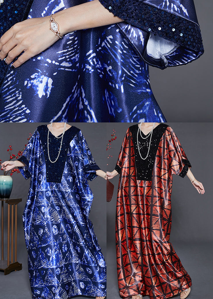 Fashion Navy Sequins Print Silk Long Dress Batwing Sleeve