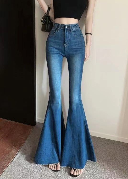 Fashion Navy Tummy Control Denim Bell-bottom Trousers Spring