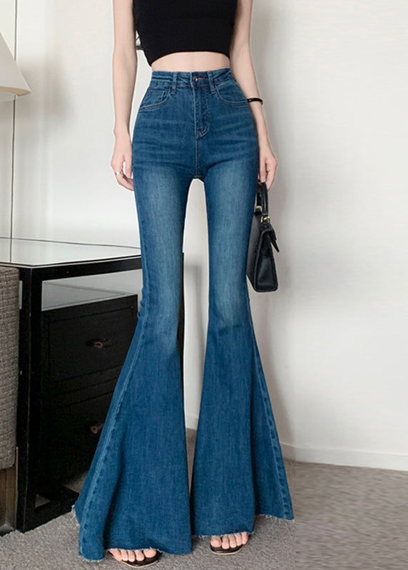 Fashion Navy Tummy Control Denim Bell-bottom Trousers Spring