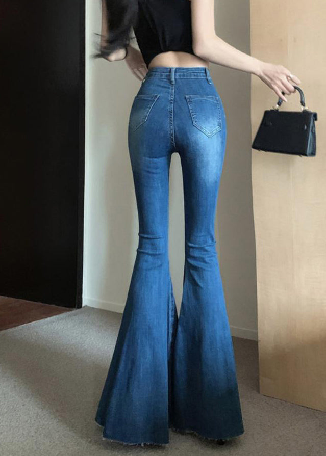 Fashion Navy Tummy Control Denim Bell-bottom Trousers Spring