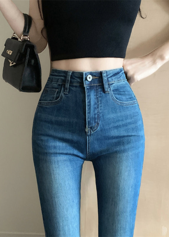 Fashion Navy Tummy Control Denim Bell-bottom Trousers Spring