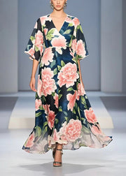 Fashion Navy V Neck Floral Chiffon Long Dress Summer