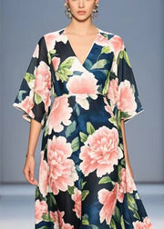 Fashion Navy V Neck Floral Chiffon Long Dress Summer