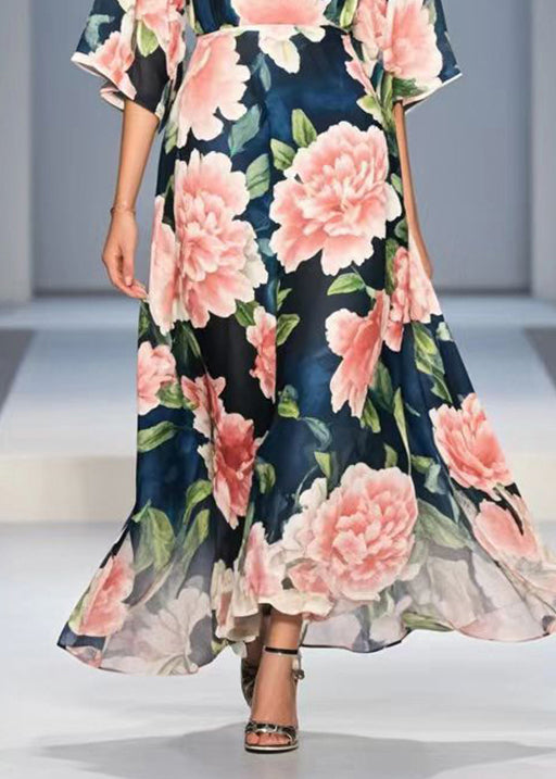 Fashion Navy V Neck Floral Chiffon Long Dress Summer