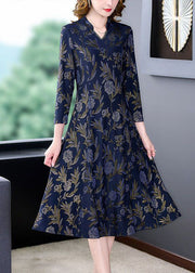 Fashion Navy V Neck Print Slim Fit Long Dresses Bracelet Sleeve