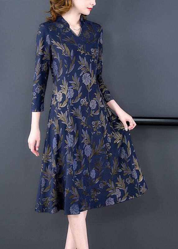 Fashion Navy V Neck Print Slim Fit Long Dresses Bracelet Sleeve