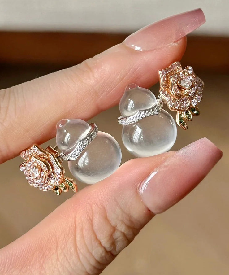 Fashion Nude Alloy Zircon Chalcedony Gourd Floral Stud Earrings