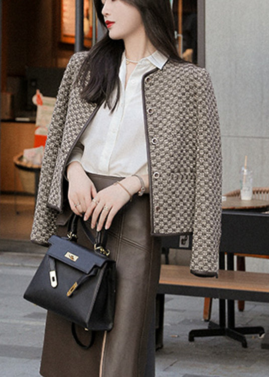 Fashion O-Neck Plaid Button Woolen Coat Long Sleeve