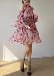 Fashion O-Neck Print Chiffon Vacation Layered Mid Dress Long Sleeve