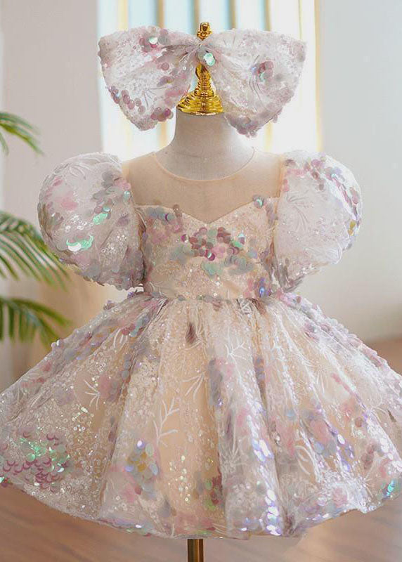 Fashion O-Neck Sequins Patchwork Tulle Kids Maxi Dress Summer