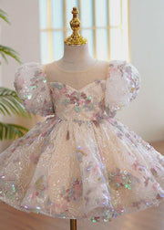 Fashion O-Neck Sequins Patchwork Tulle Kids Maxi Dress Summer