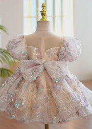 Fashion O-Neck Sequins Patchwork Tulle Kids Maxi Dress Summer