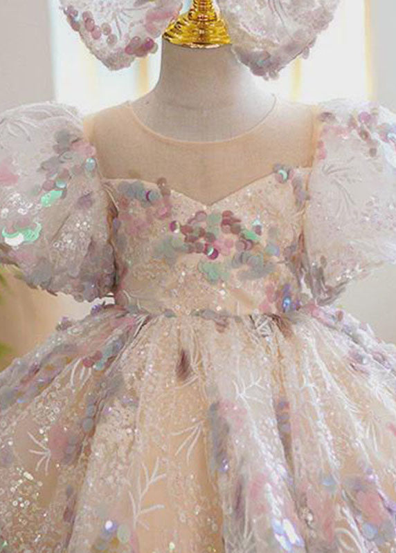 Fashion O-Neck Sequins Patchwork Tulle Kids Maxi Dress Summer