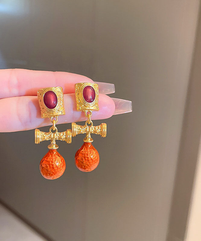 Fashion Orange Alloy Inlaid Gem Stone Drop Earrings