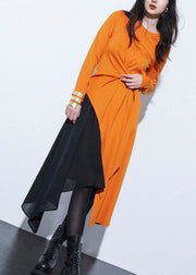 Fashion Orange Asymmetrical Design Patchwork Tie Waist Maxi Top Fall