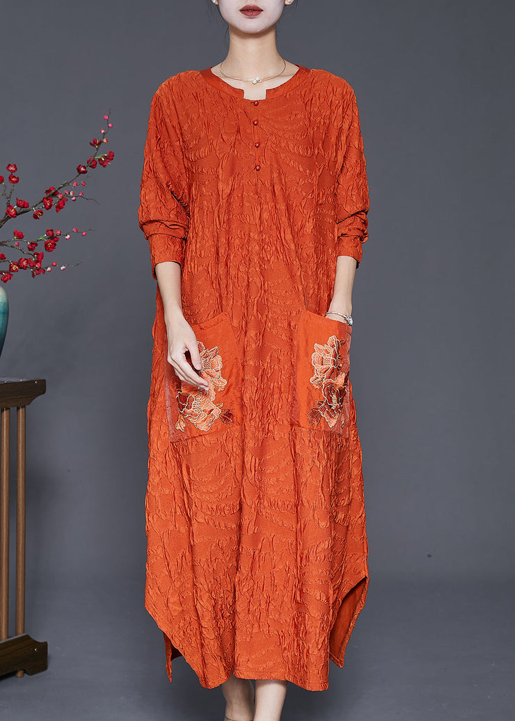 Fashion Orange Embroidered Wrinkled Silk Ankle Dress Fall