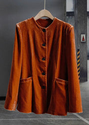 Fashion Orange O-Neck Button Patchwork Silk Velour Coats Spring