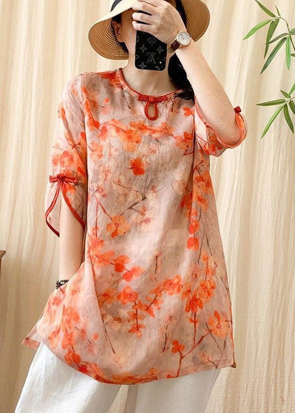 Fashion Orange O-Neck Print Button Side Open Linen Shirt Half Sleeve