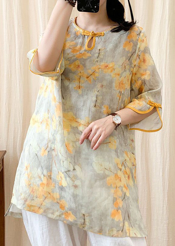 Fashion Orange O-Neck Print Button Side Open Linen Shirt Half Sleeve