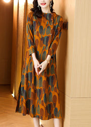 Fashion Orange Print Tie Waist Long Dresses Long Sleeve