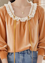 Fashion Orange Ruffled Patchwork Velour Shirt Top Spring