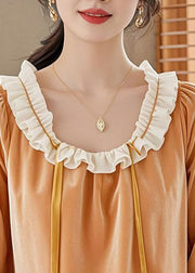 Fashion Orange Ruffled Patchwork Velour Shirt Top Spring