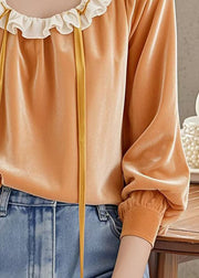 Fashion Orange Ruffled Patchwork Velour Shirt Top Fall