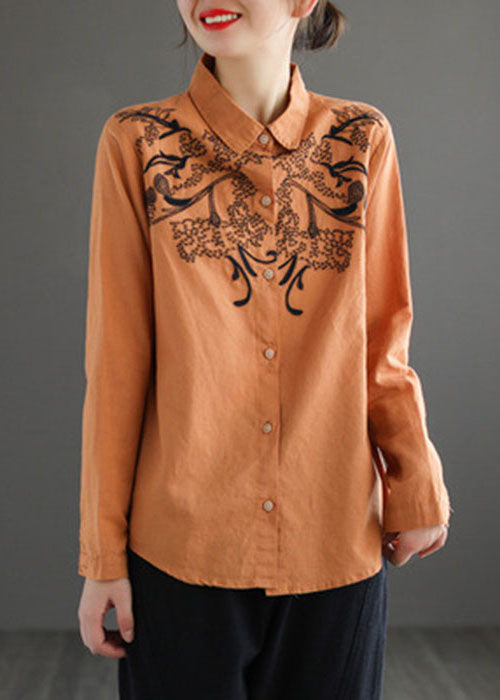 Fashion Orange Turn-down Collar Embroideried Cotton Shirt Top Long Sleeve