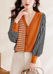 Fashion Orange V Neck Striped Button Woolen Sweater Spring