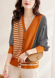 Fashion Orange V Neck Striped Button Woolen Sweater Spring