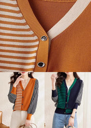 Fashion Orange V Neck Striped Button Woolen Sweater Spring