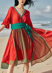 Fashion Orange V Neck Wrinkled Patchwork Cotton Dresses Summer