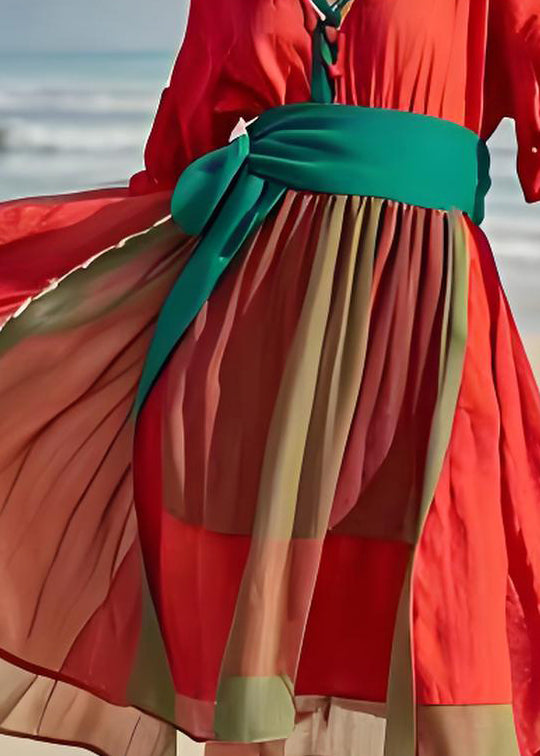 Fashion Orange V Neck Wrinkled Patchwork Cotton Dresses Summer