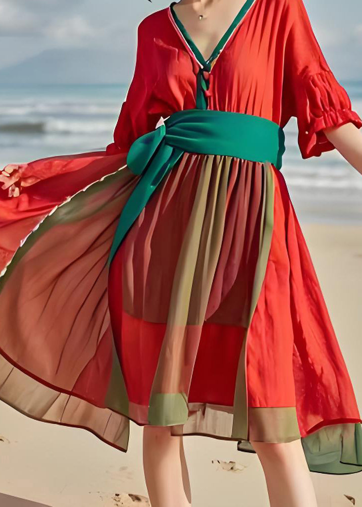 Fashion Orange V Neck Wrinkled Patchwork Cotton Dresses Summer