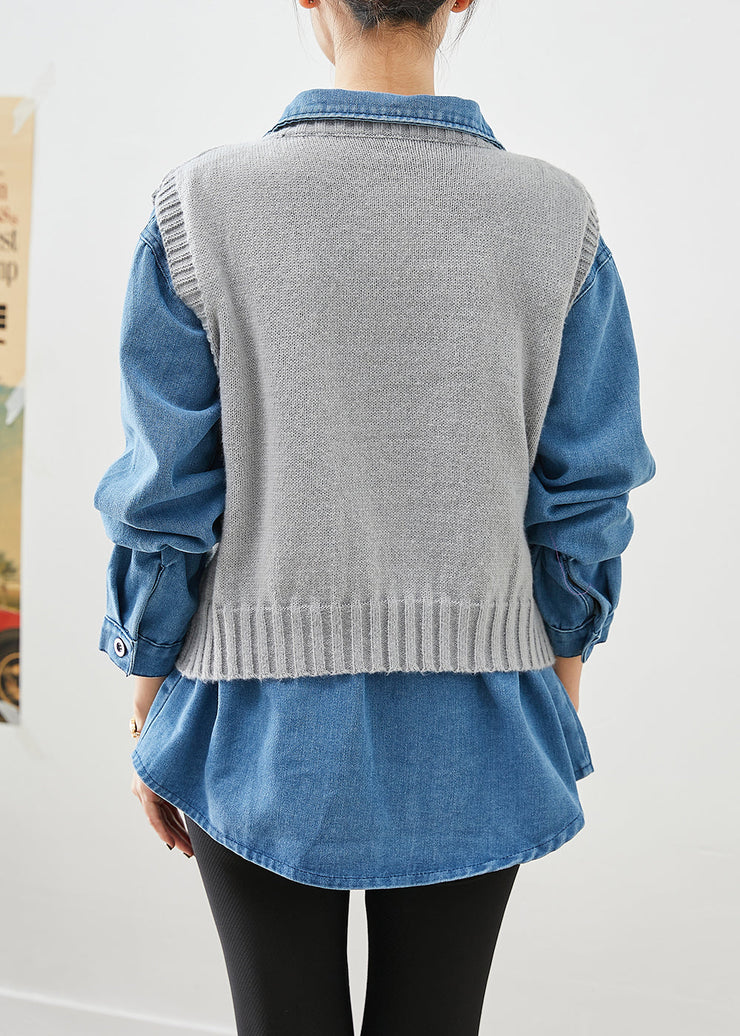 Fashion Oversized Thick Knit Vest And Denim Shirt Two Piece Set Outfits Fall