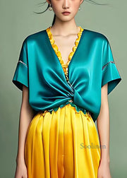 Fashion Peacock Blue Ruffled Patchwork Wrinkled Silk Long Dress Summer